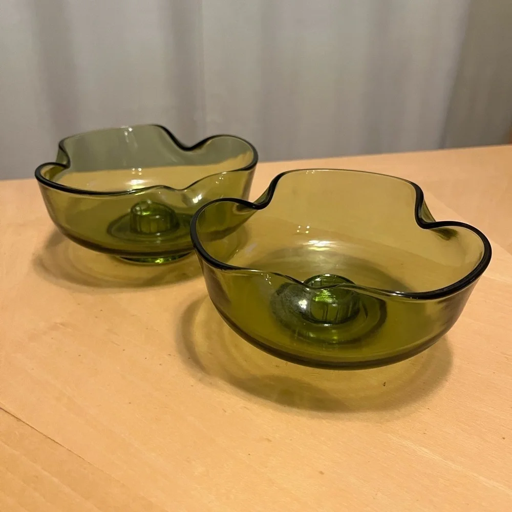 Vintage Anchor Hocking Avocado Candlestick Bowls Set of Two
